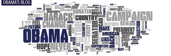 A tag cloud of Obama's blog in the lead up to the 2008 US General Election
